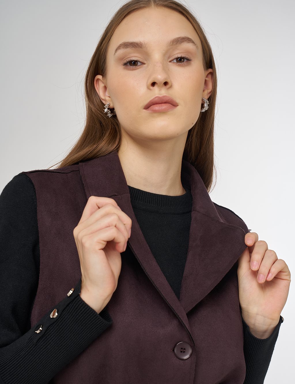 Dikiş Detaylı Süet Yelek Kahve 