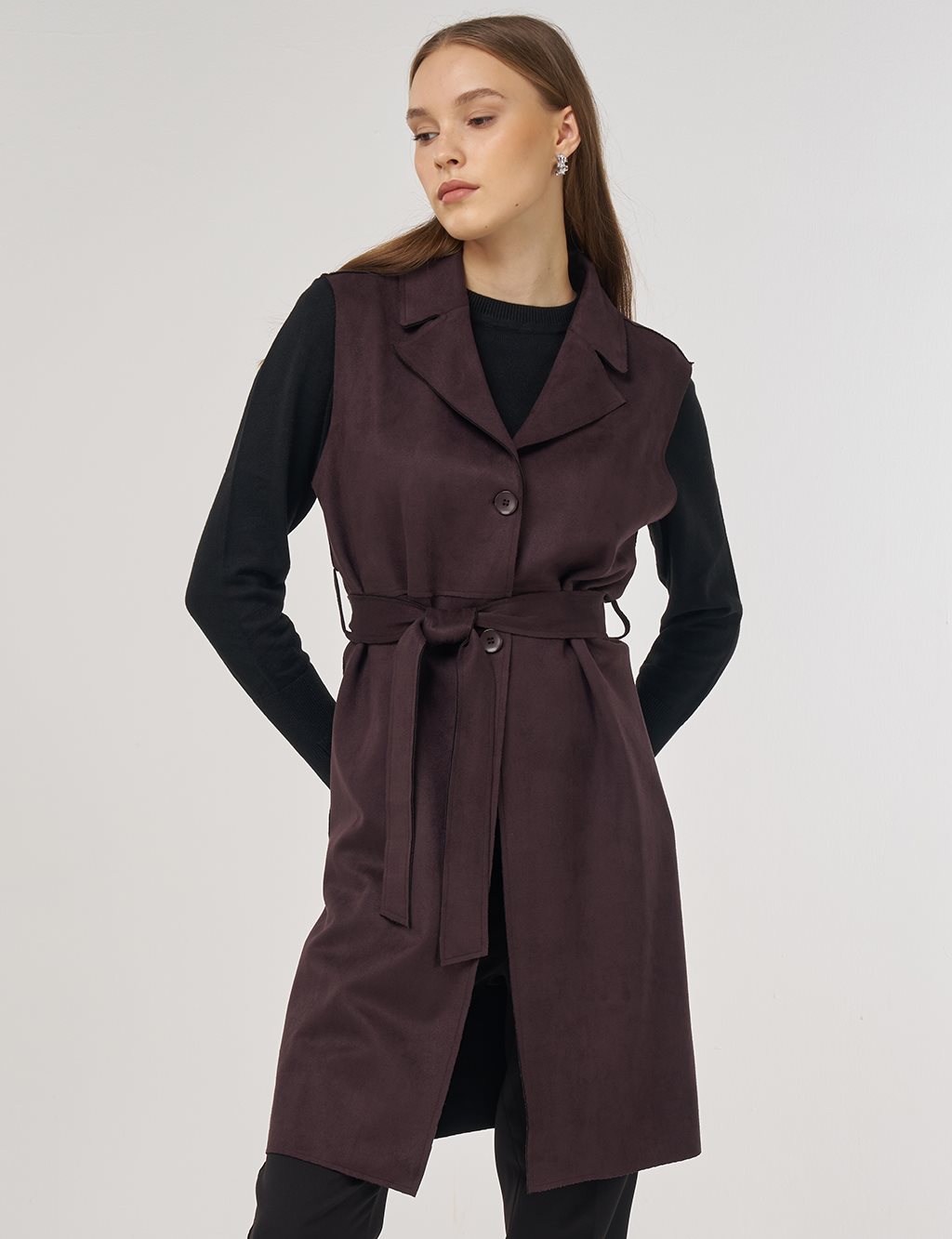 Dikiş Detaylı Süet Yelek Kahve 