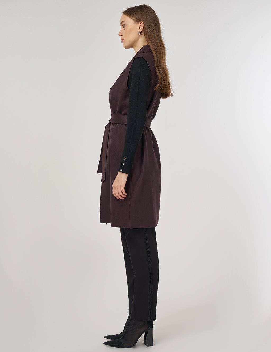 Dikiş Detaylı Süet Yelek Kahve 