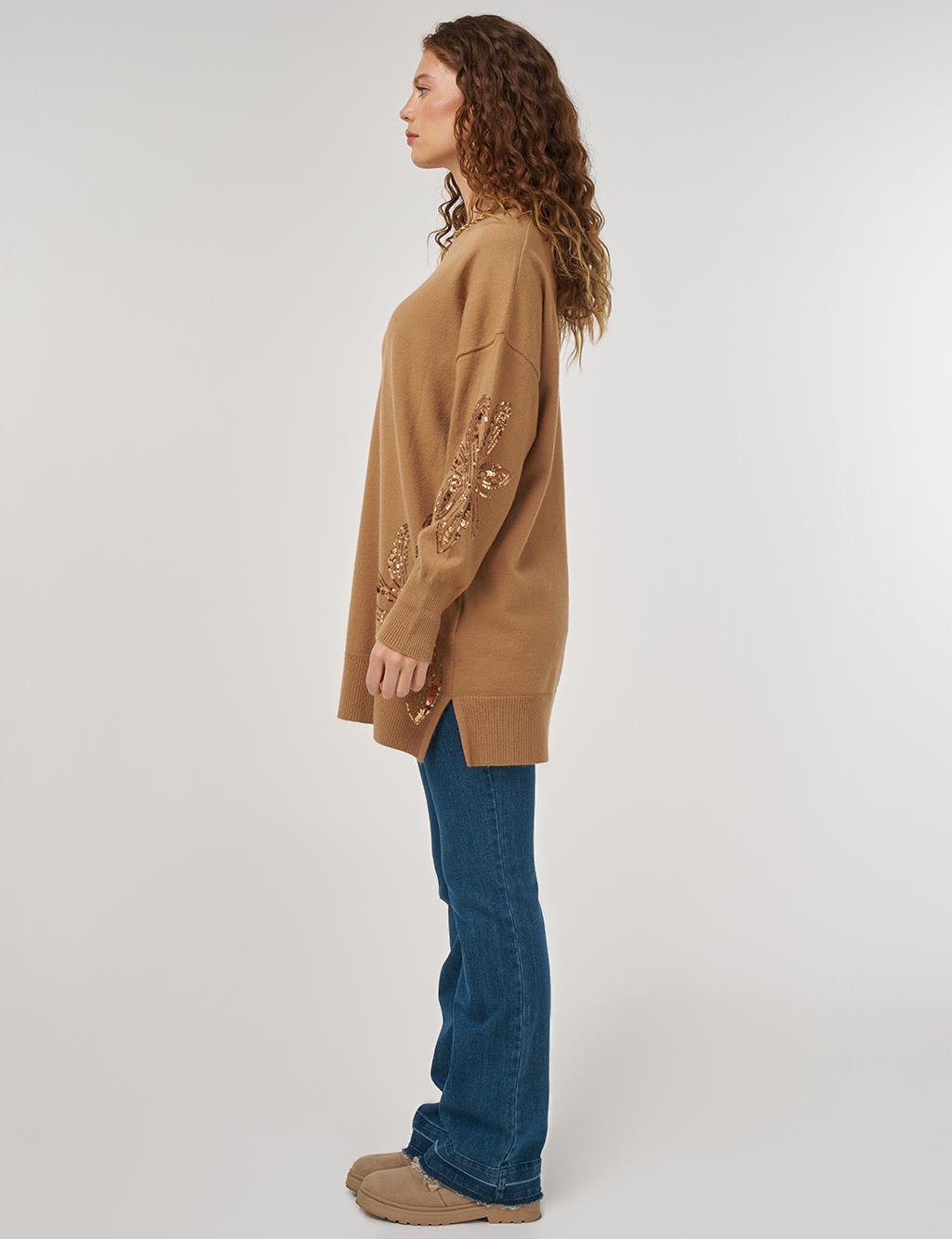 Sequin Detailed Knit Tunic Beige