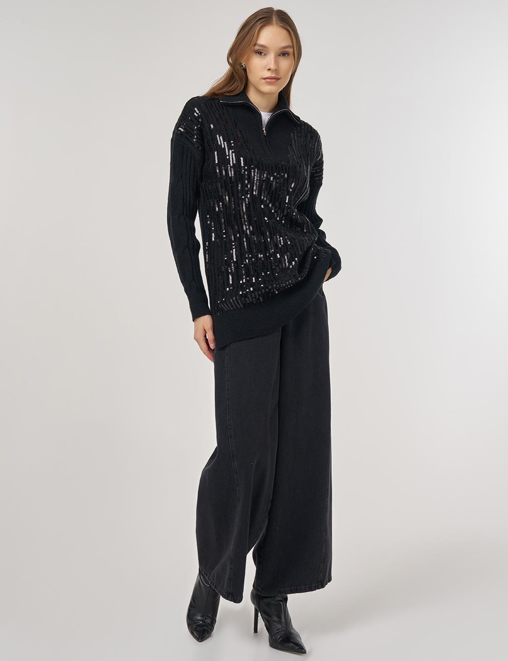 Payet İşlemeli Viskon Triko Tunik Siyah