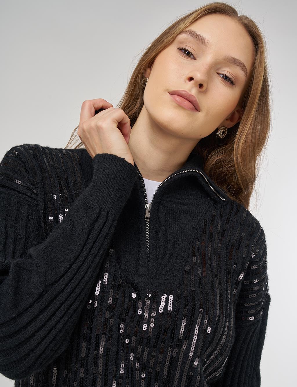 Payet İşlemeli Viskon Triko Tunik Siyah