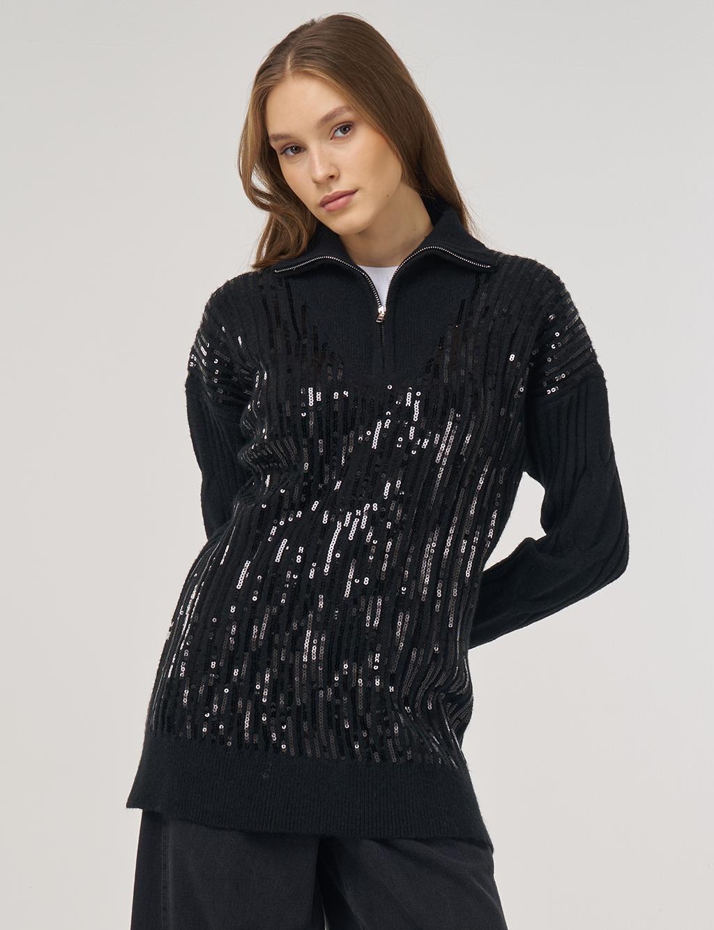 Payet İşlemeli Viskon Triko Tunik Siyah