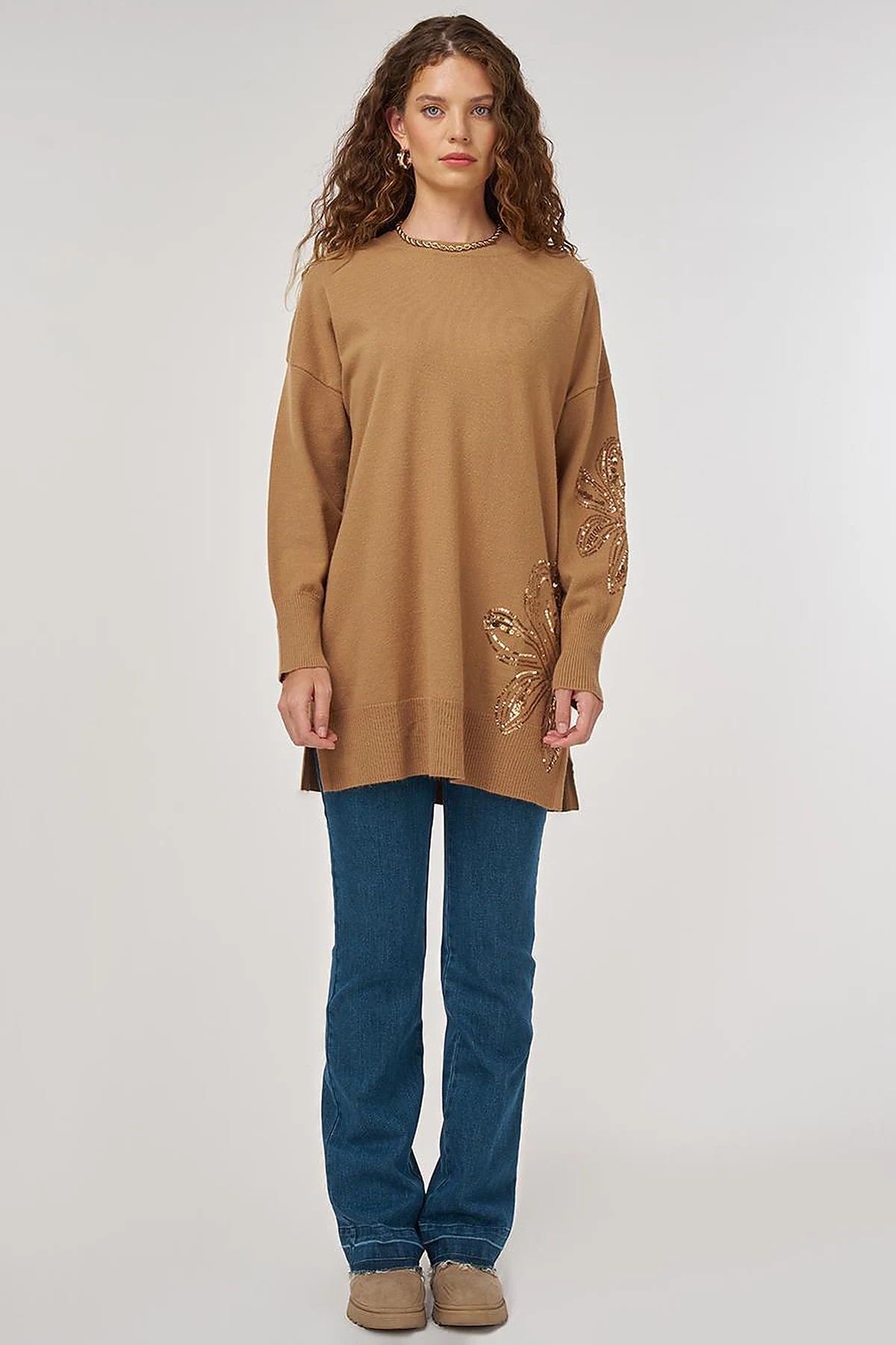 Sequin Detailed Knit Tunic Beige