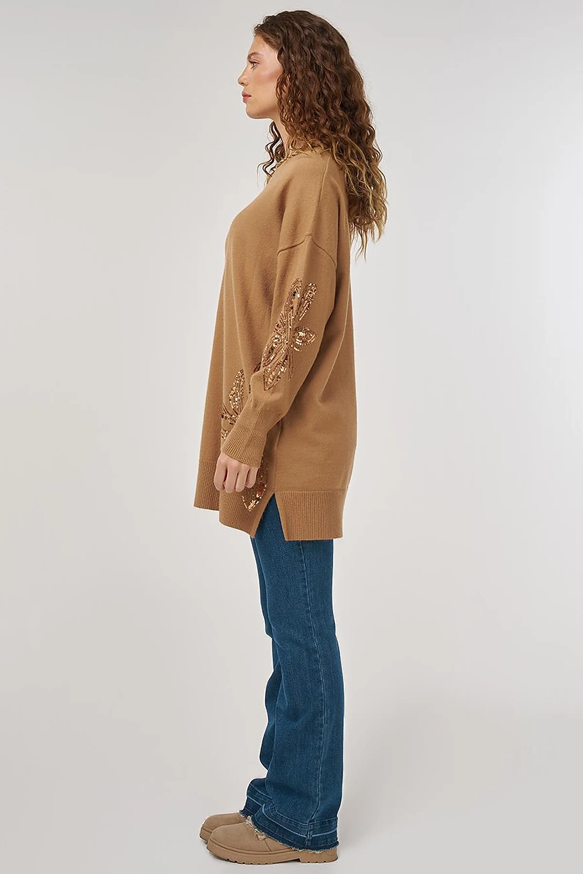 Sequin Detailed Knit Tunic Beige