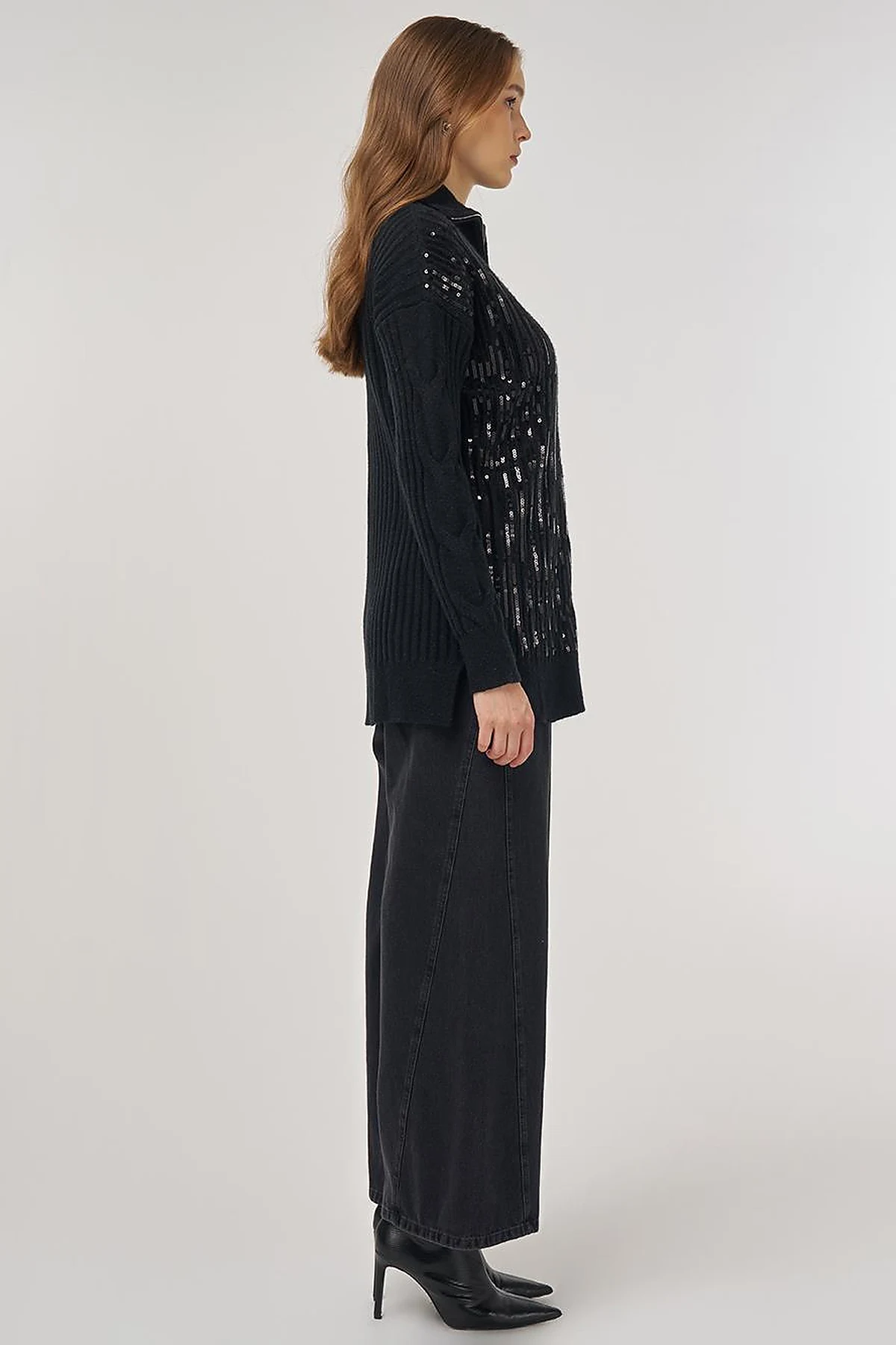 Sequin Embroidered Viscose Knit Tunic in Black