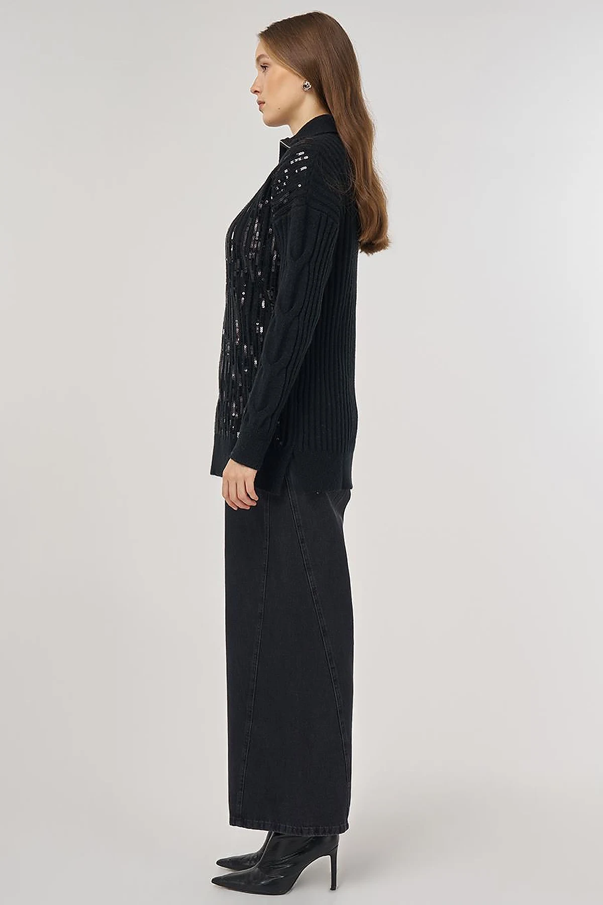 Sequin Embroidered Viscose Knit Tunic in Black