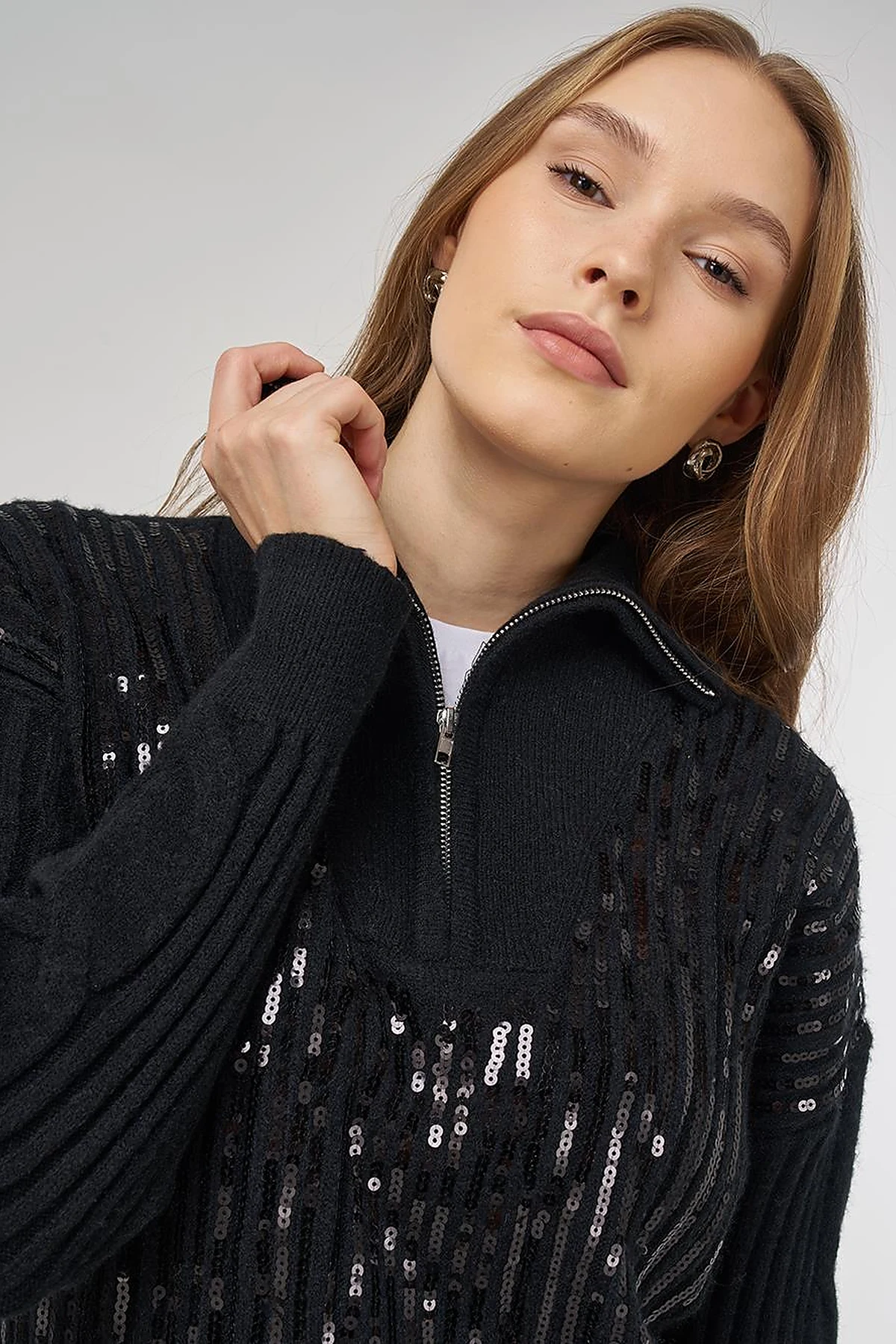 Sequin Embroidered Viscose Knit Tunic in Black