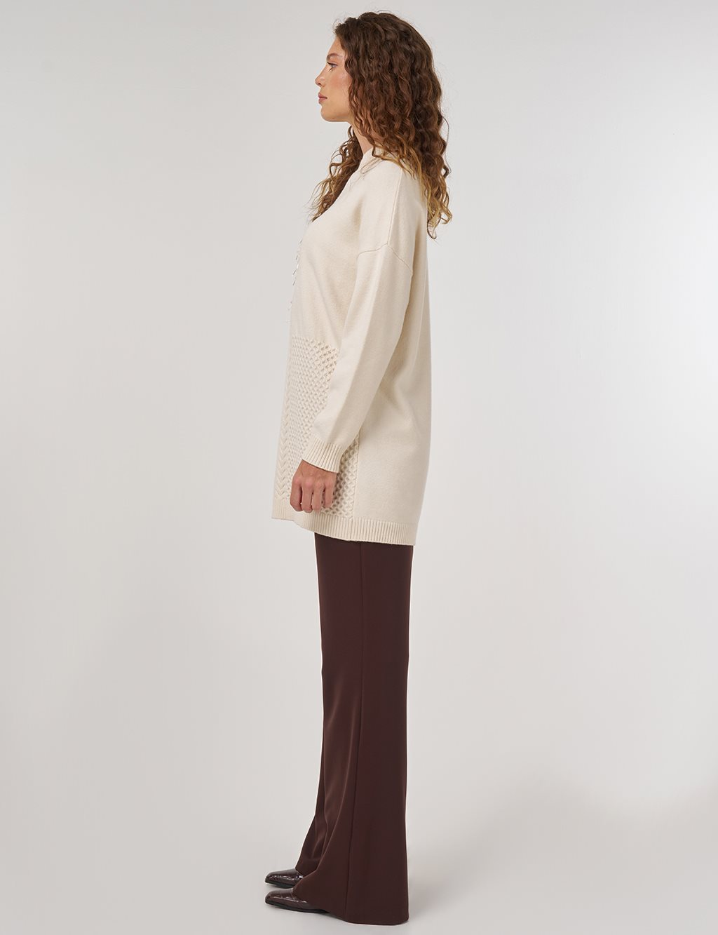 Knit Detailed Viscose Knit Tunic in Cream