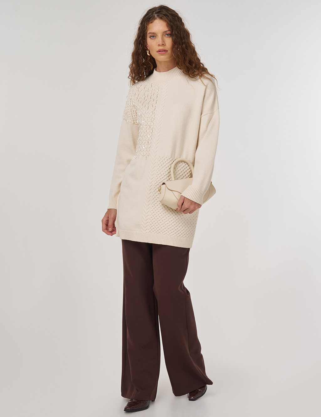 Knit Detailed Viscose Knit Tunic in Cream