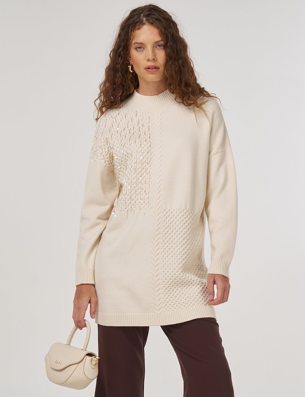 Knit Detailed Viscose Knit Tunic in Cream
