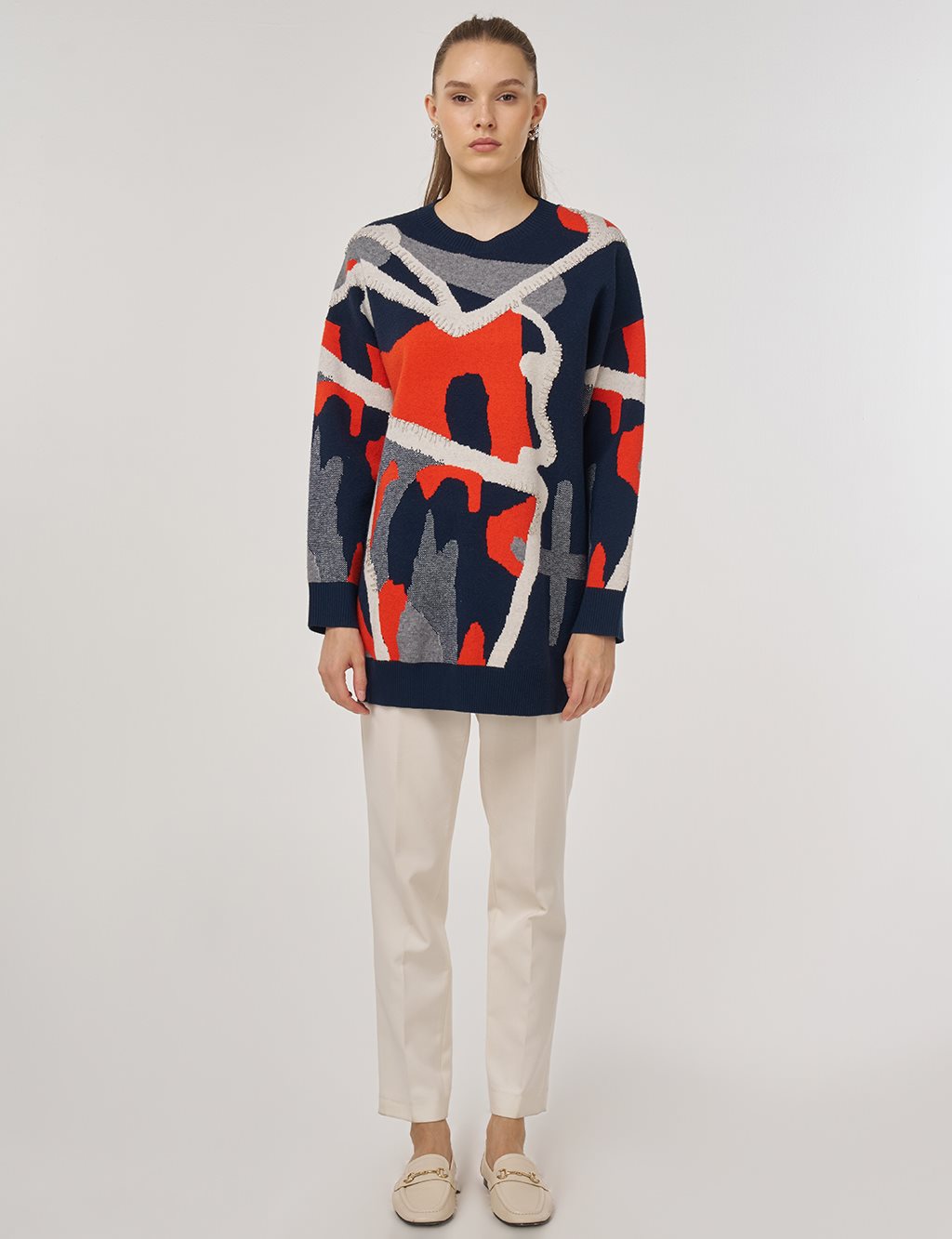 Abstract Patterned Viscose Knit Tunic in Dark Navy