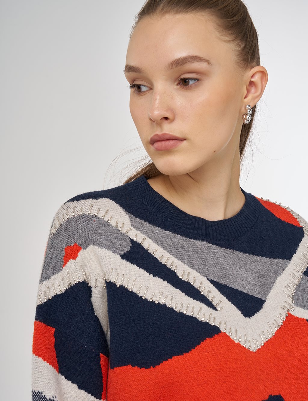 Abstract Patterned Viscose Knit Tunic in Dark Navy