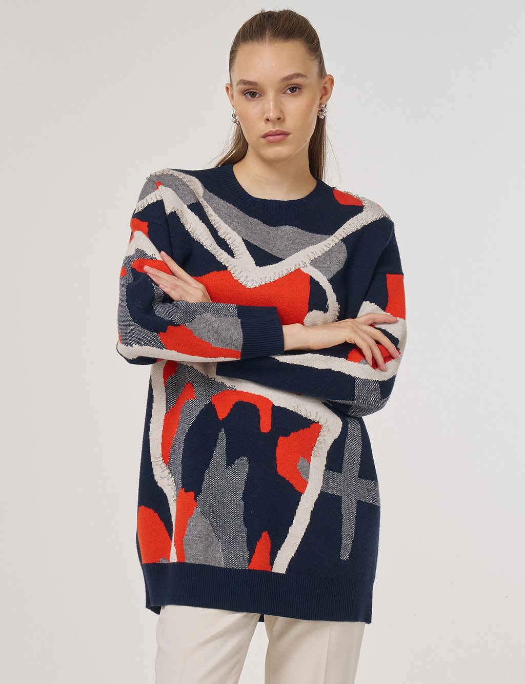 Abstract Patterned Viscose Knit Tunic in Dark Navy