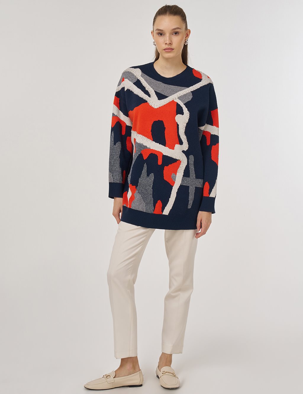 Abstract Patterned Viscose Knit Tunic in Dark Navy