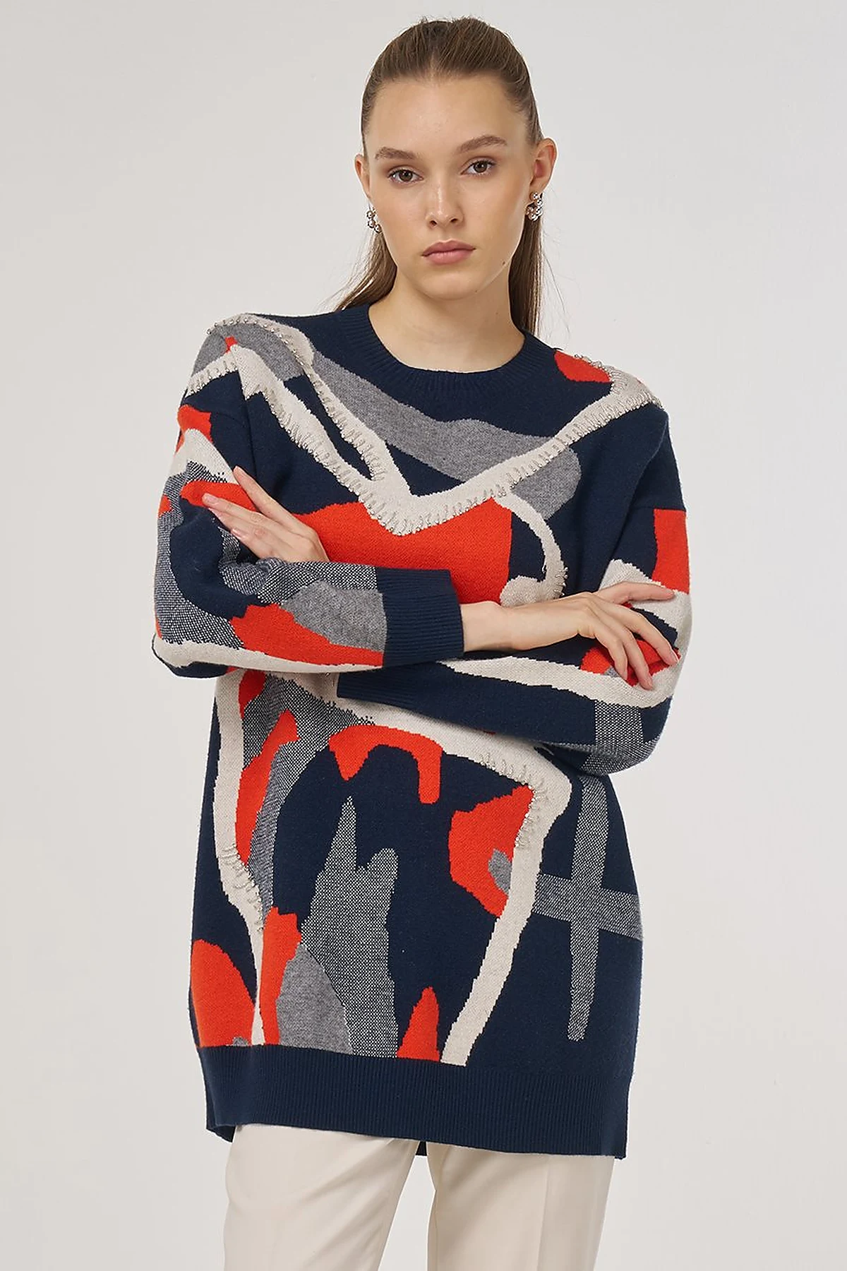 Abstract Patterned Viscose Knit Tunic in Dark Navy