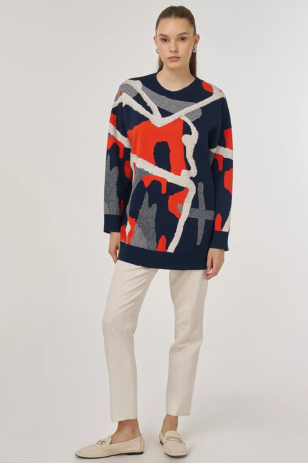 Abstract Patterned Viscose Knit Tunic in Dark Navy