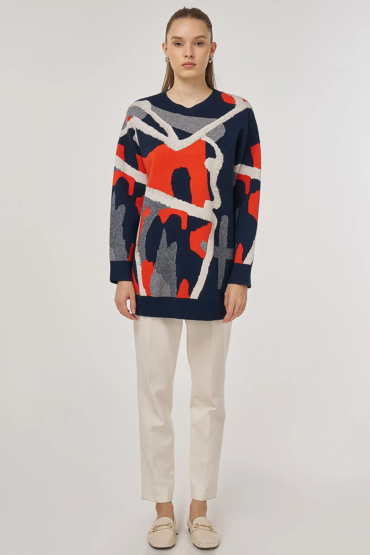 Abstract Patterned Viscose Knit Tunic in Dark Navy