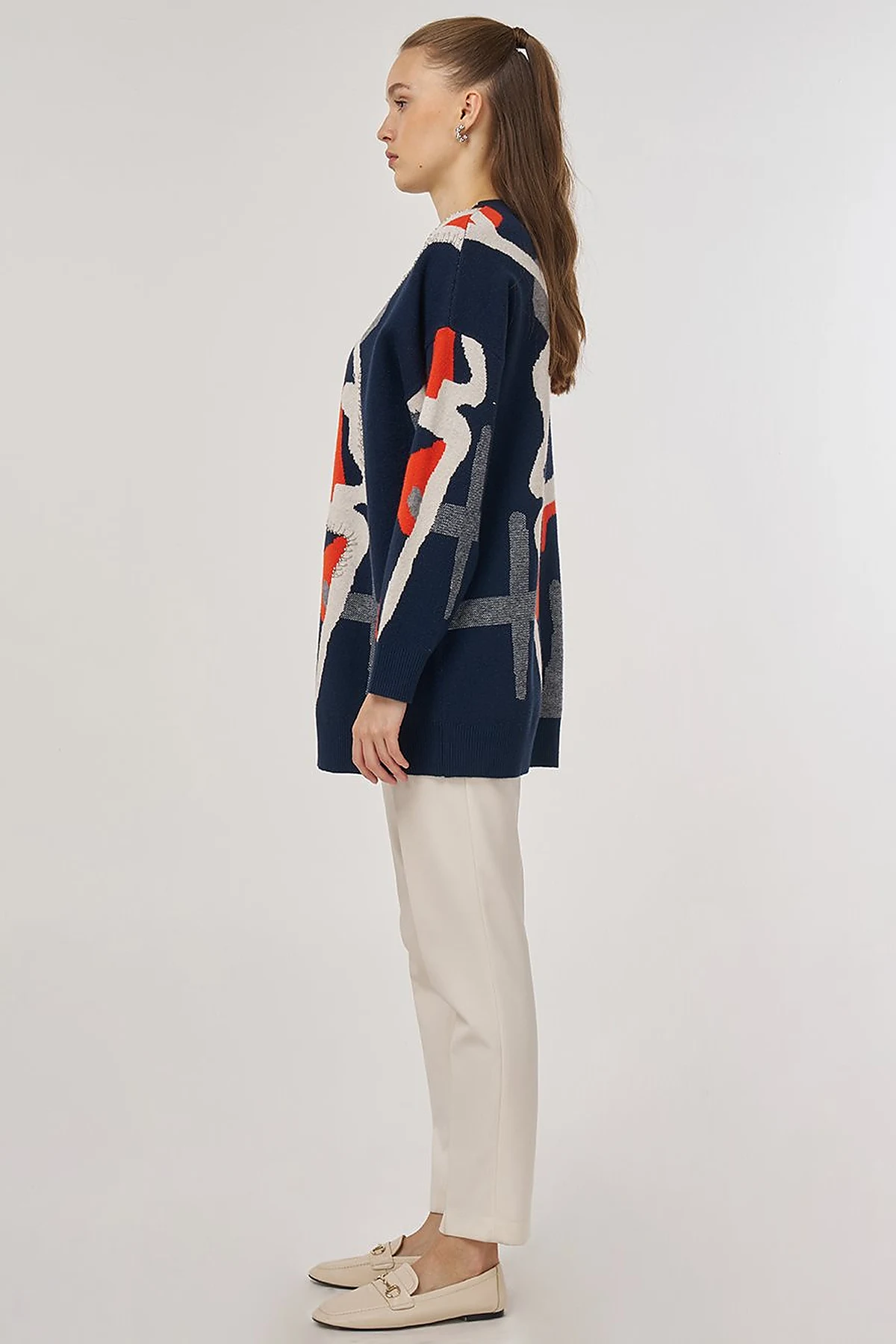 Abstract Patterned Viscose Knit Tunic in Dark Navy