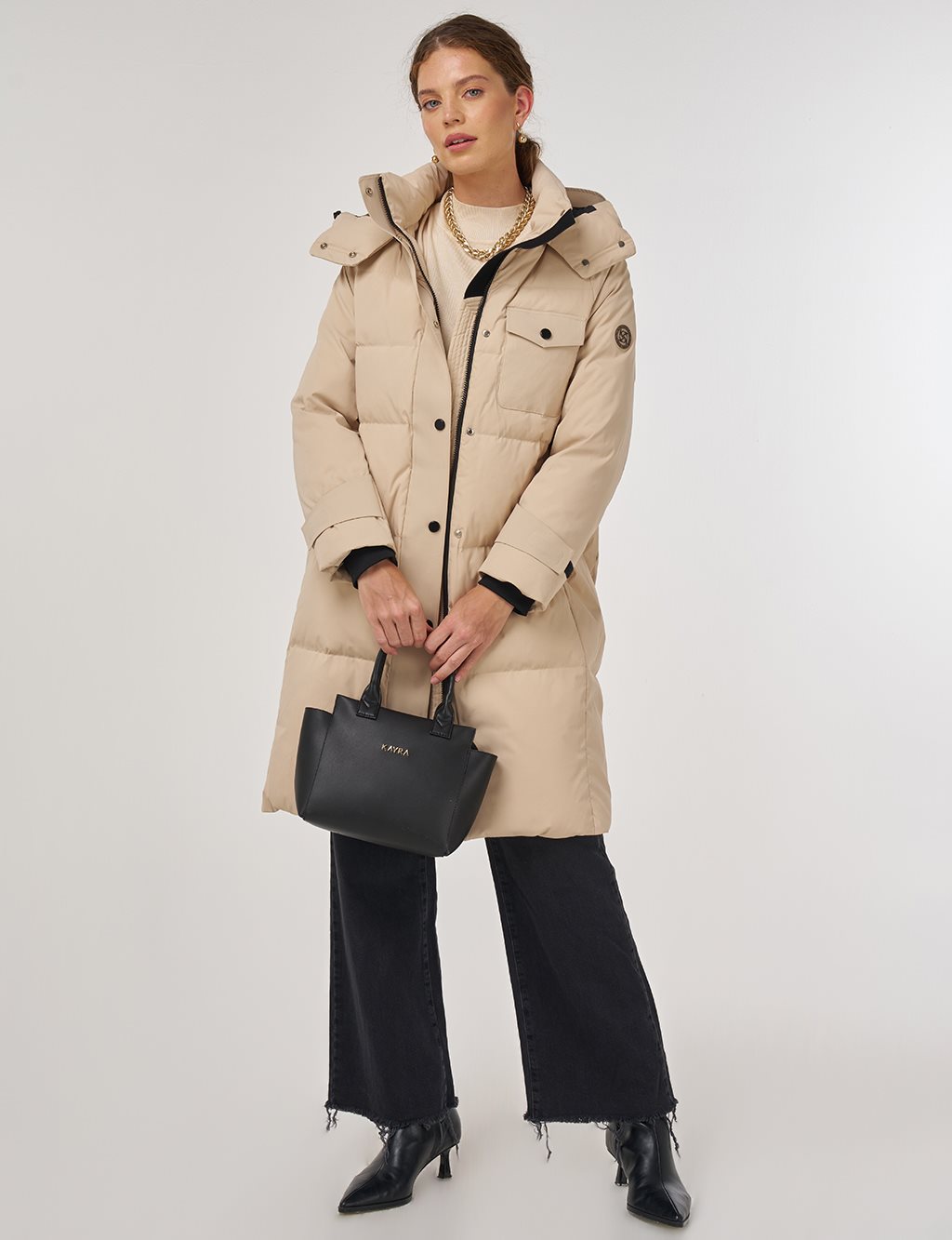 Pocket Detailed Goose Down Coat in Cream