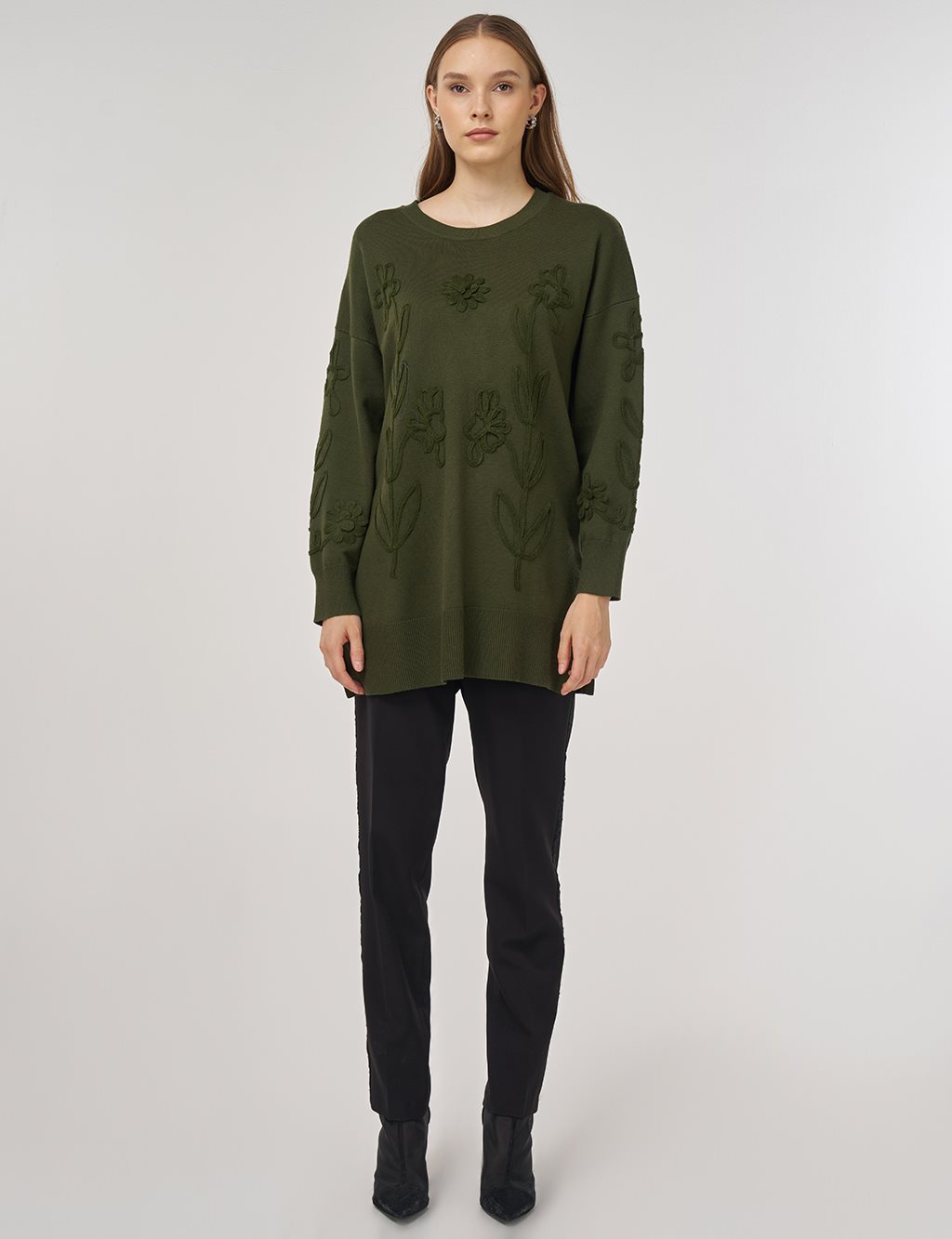 Aplikeli Viskon Triko Tunik Orman Yeşili 