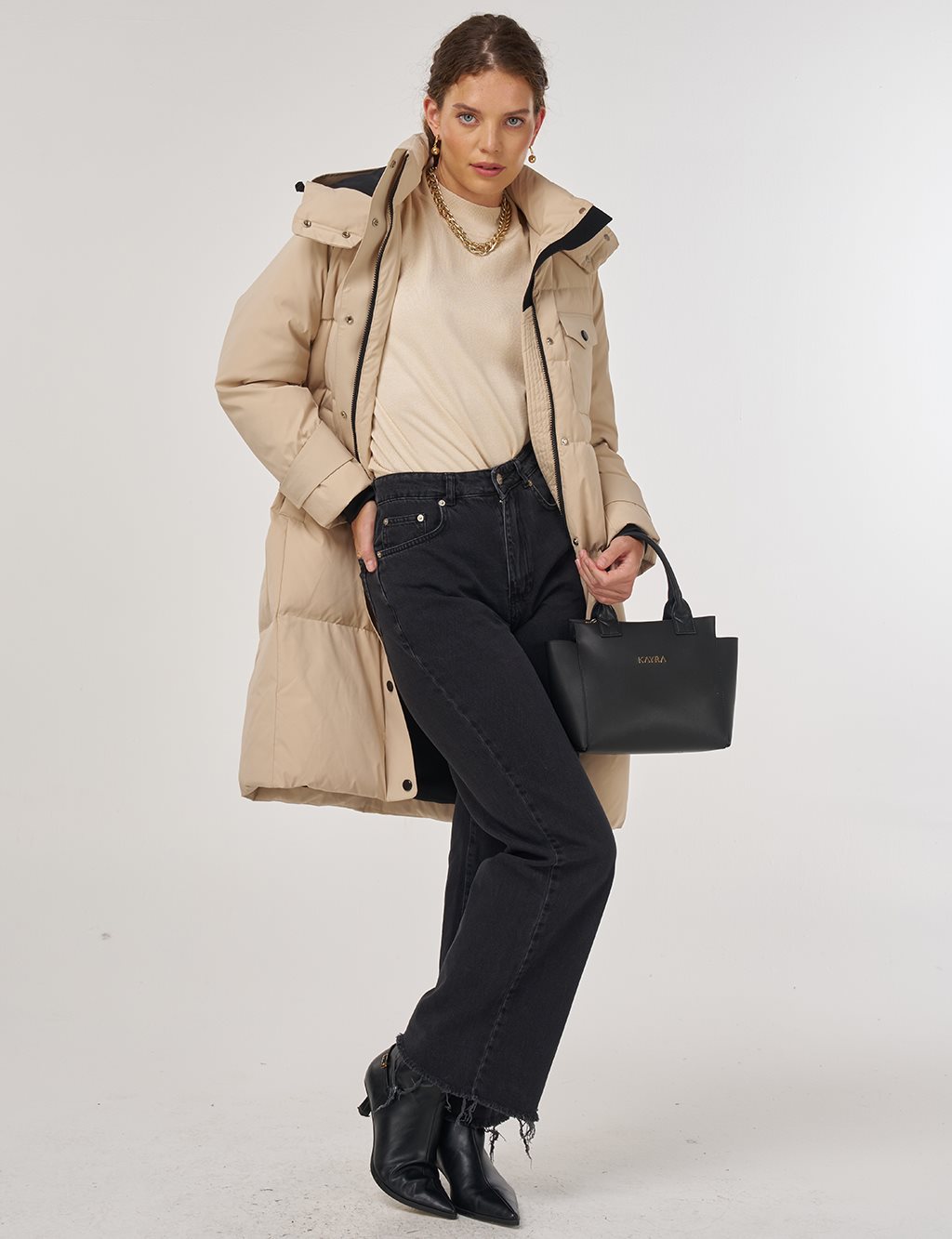 Pocket Detailed Goose Down Coat in Cream