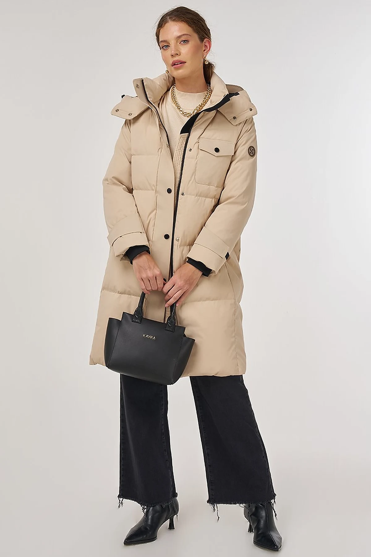 Pocket Detailed Goose Down Coat in Cream