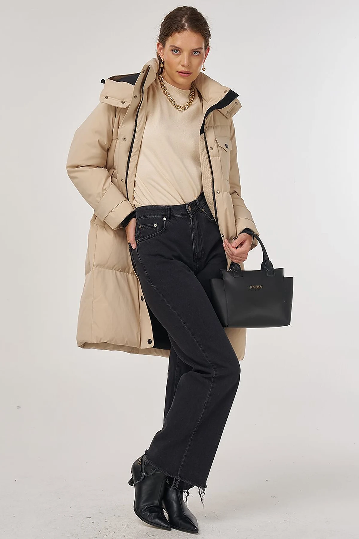 Pocket Detailed Goose Down Coat in Cream