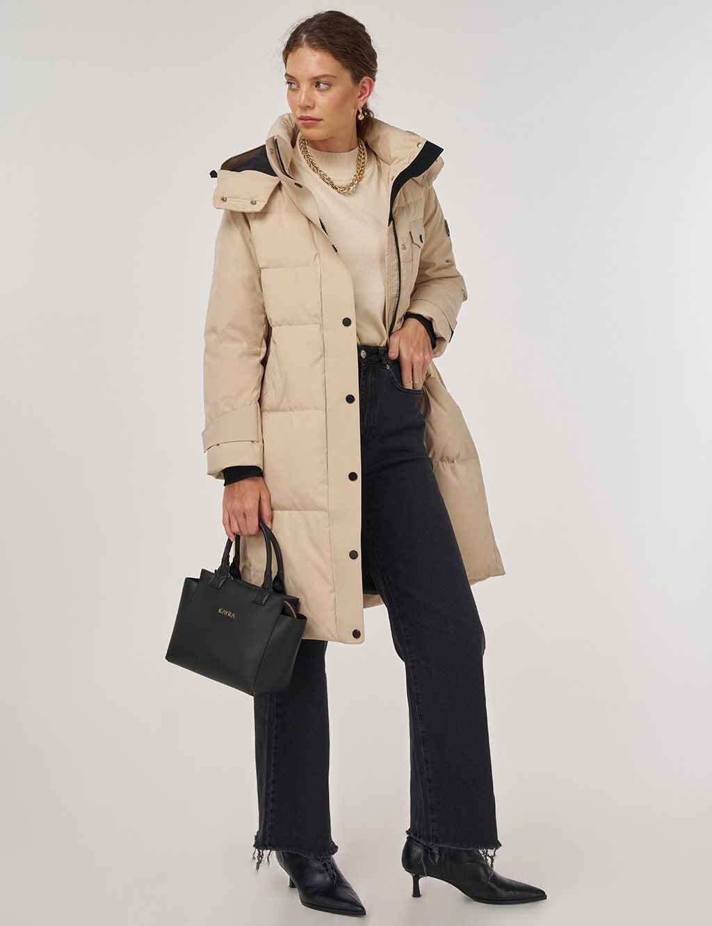 Pocket Detailed Goose Down Coat in Cream