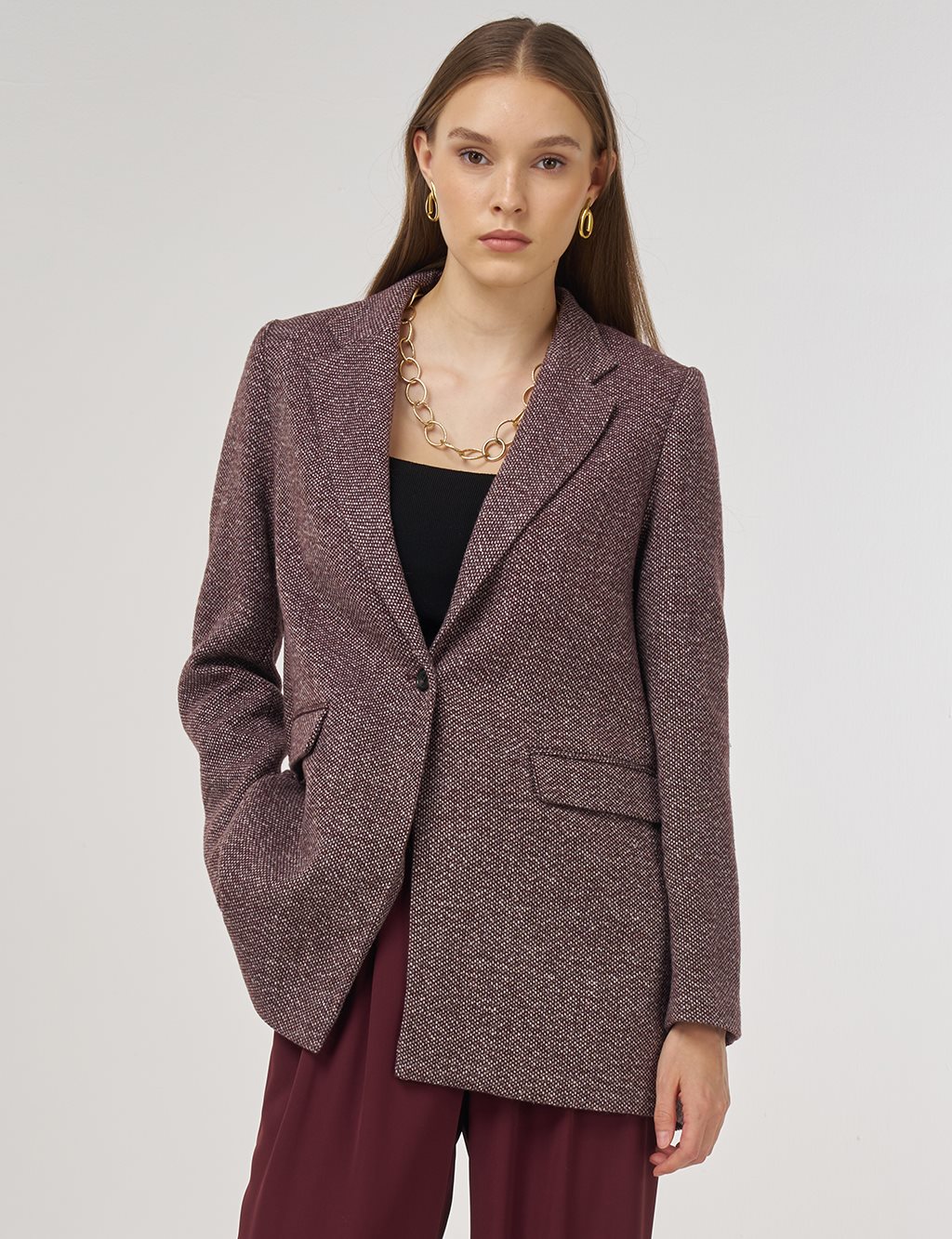 Tek Düğmeli Blazer Ceket Koyu Bordo