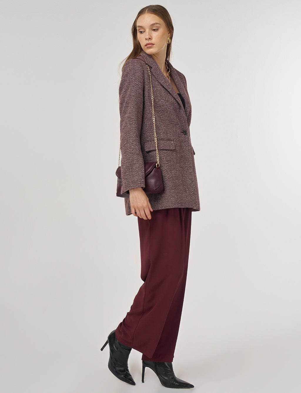 Tek Düğmeli Blazer Ceket Koyu Bordo