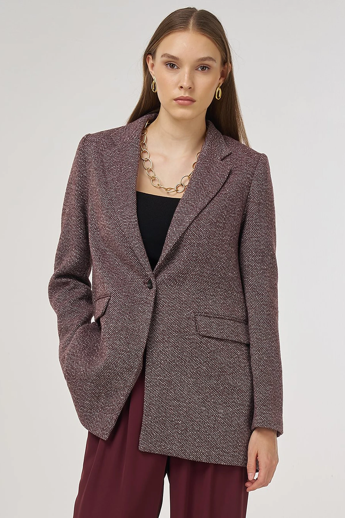 Wool Blend Blazer Jacket in Dark Burgundy