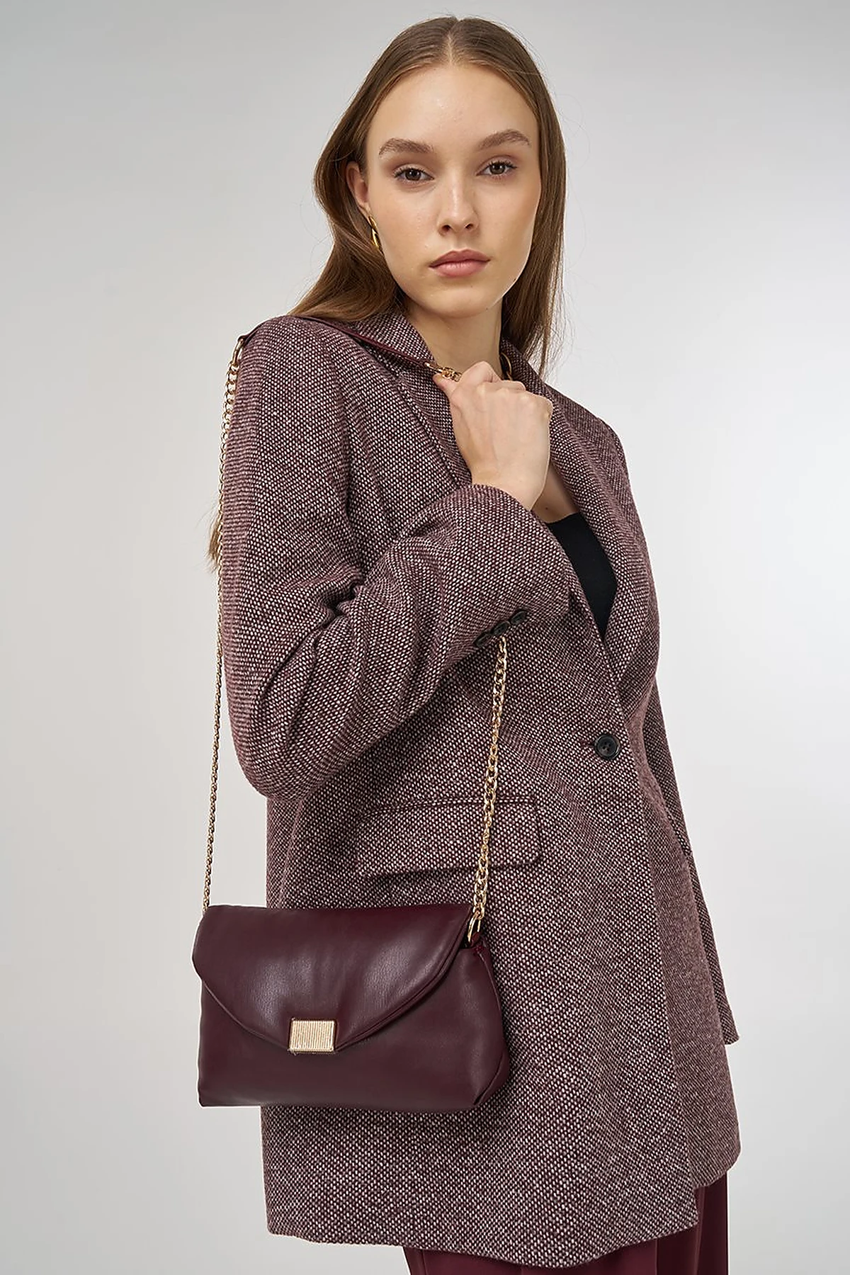 Wool Blend Blazer Jacket in Dark Burgundy