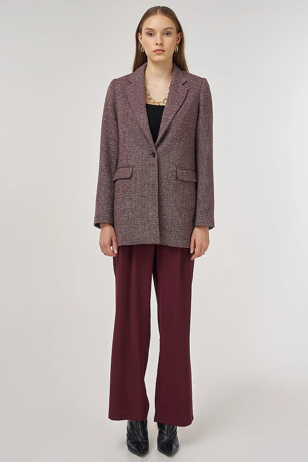 Wool Blend Blazer Jacket in Dark Burgundy