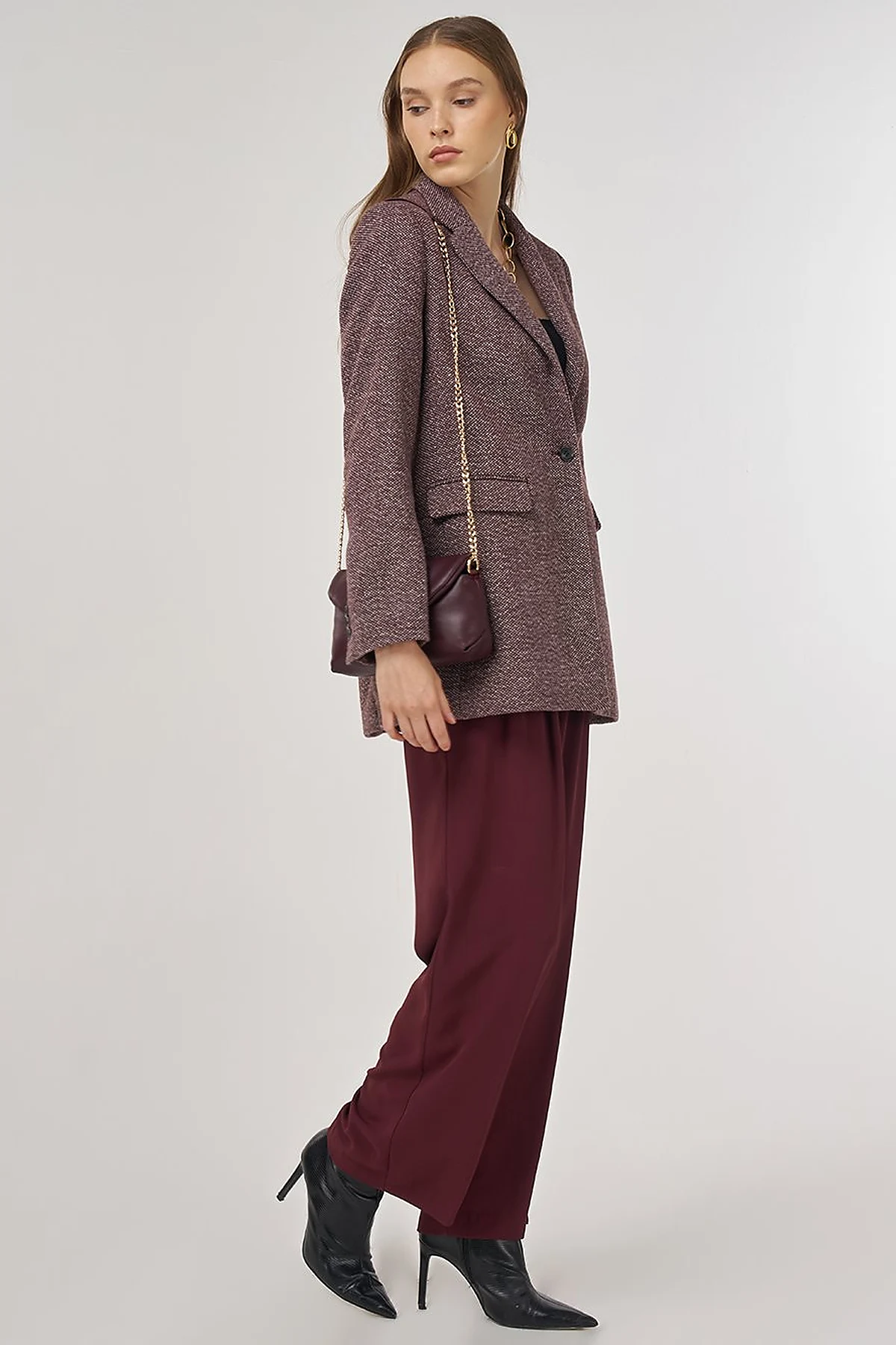 Wool Blend Blazer Jacket in Dark Burgundy