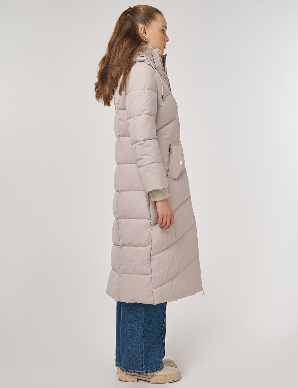 Suni Kürk Detaylı Anorak Mont Taş 