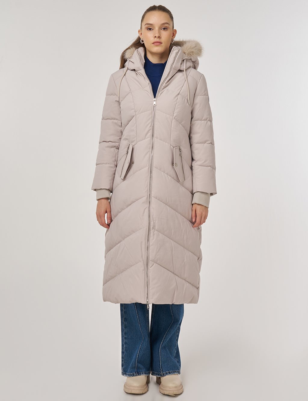 Suni Kürk Detaylı Anorak Mont Taş 