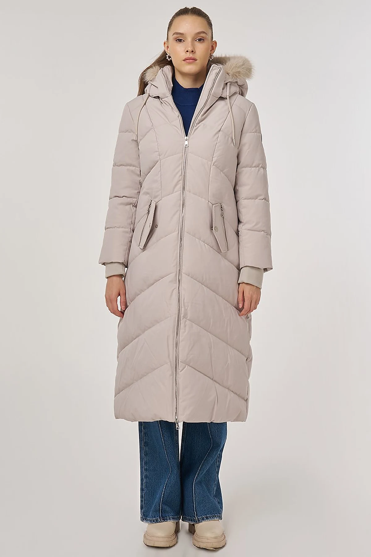 Faux Fur Detailed Anorak Coat in Stone