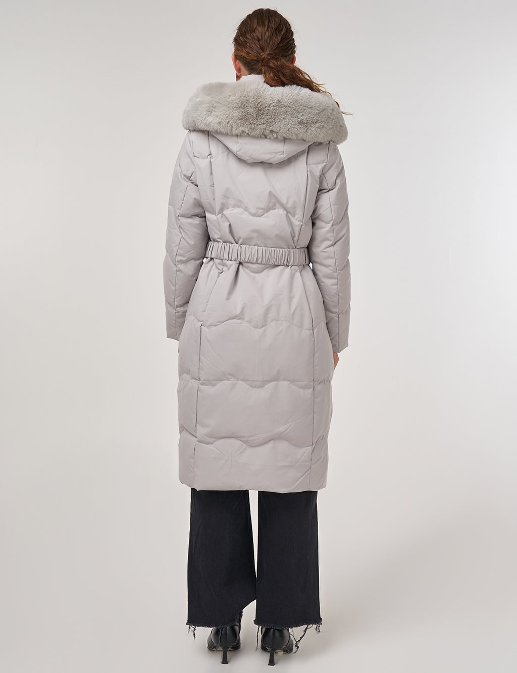 Kapüşon Detaylı Kaz Tüyü Mont Gri 