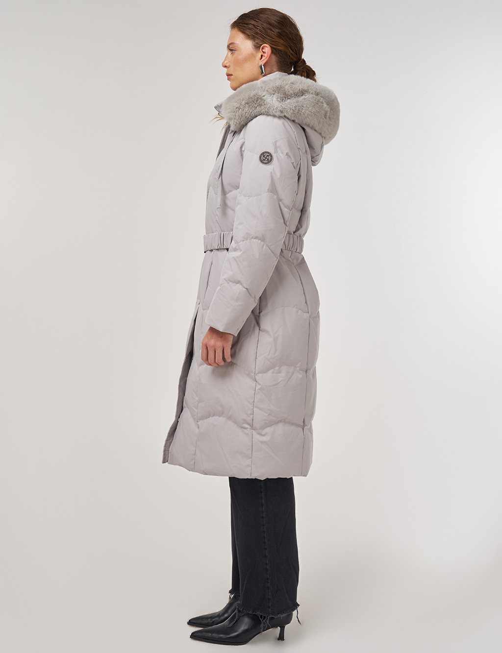 Kapüşon Detaylı Kaz Tüyü Mont Gri 