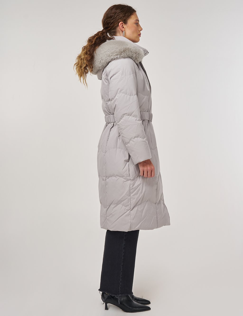 Kapüşon Detaylı Kaz Tüyü Mont Gri 