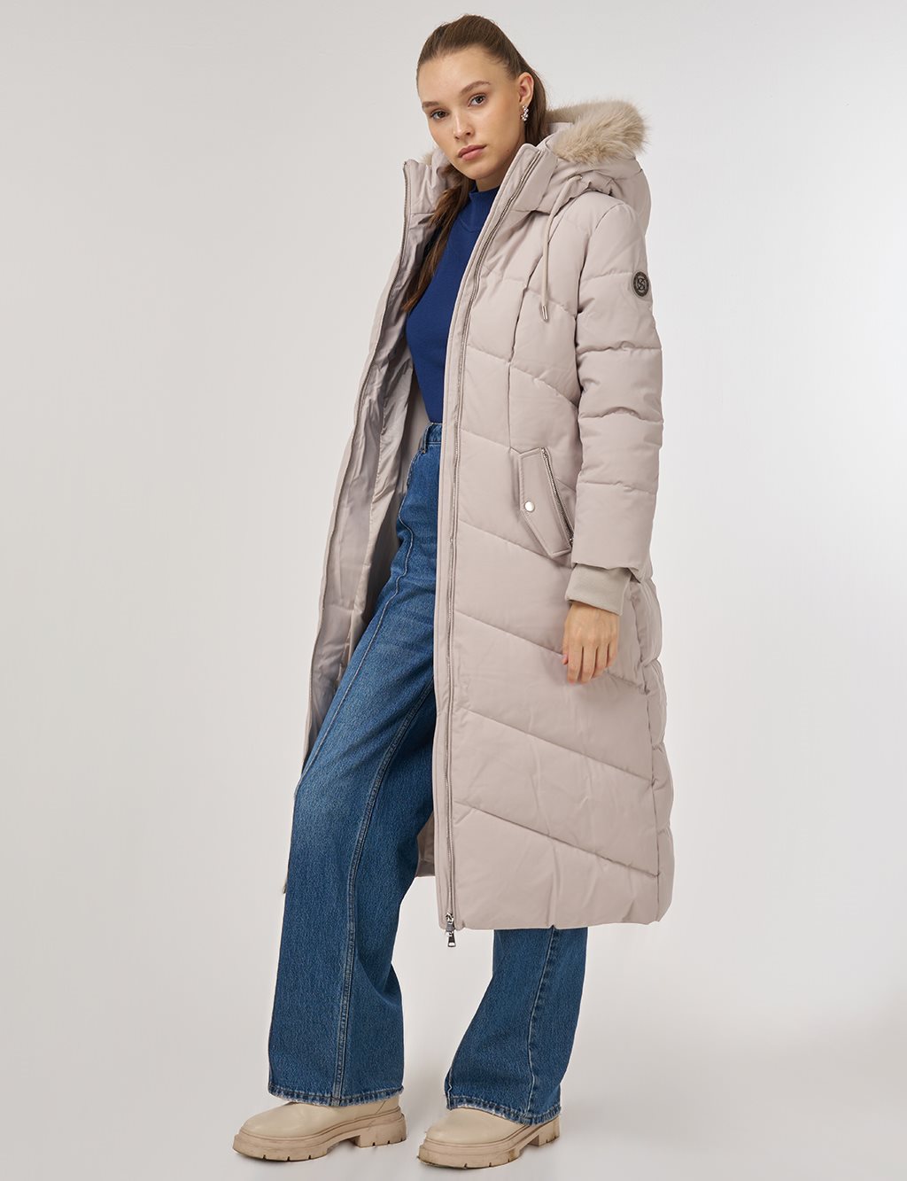 Suni Kürk Detaylı Anorak Mont Taş 