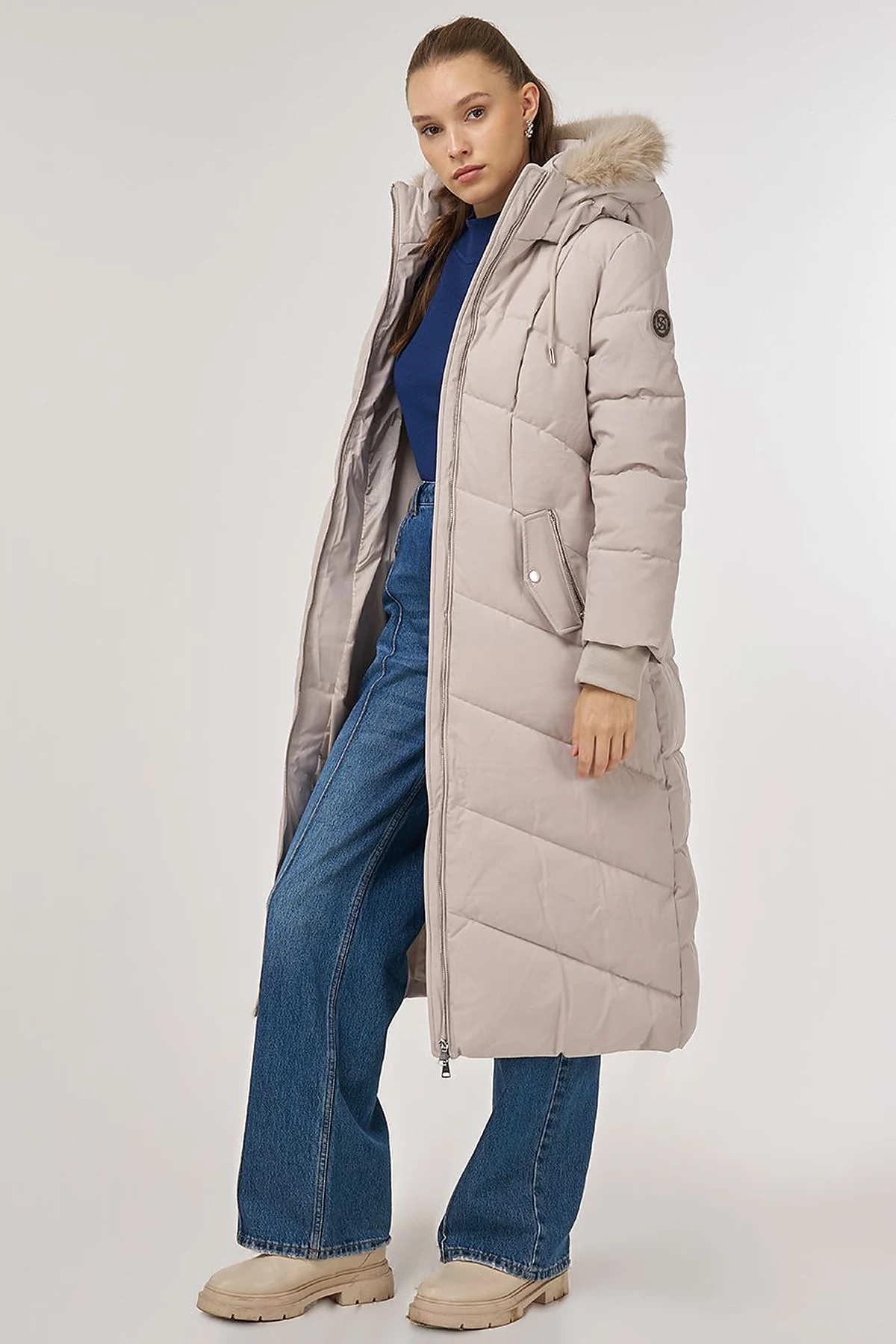 Faux Fur Detailed Anorak Coat in Stone
