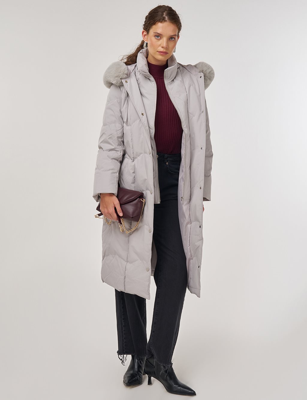 Kapüşon Detaylı Kaz Tüyü Mont Gri 