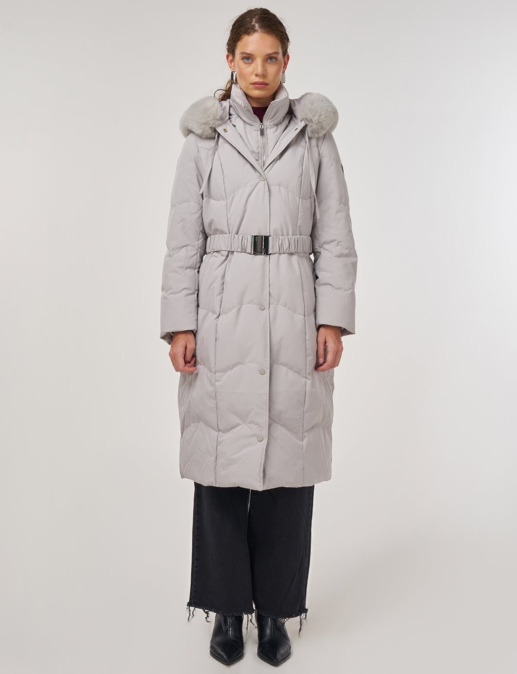 Kapüşon Detaylı Kaz Tüyü Mont Gri 