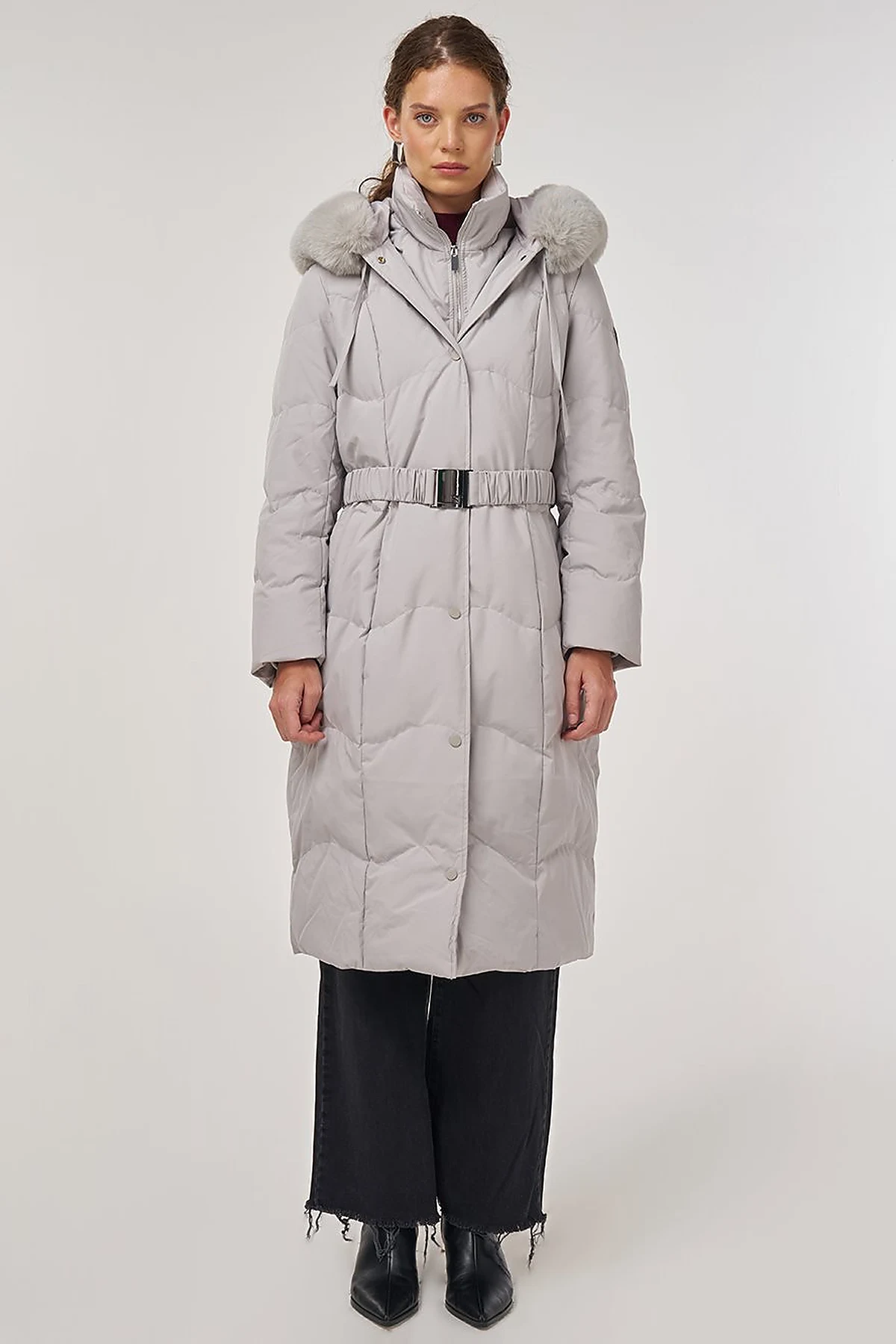 Hood Detail Down Coat in Gray