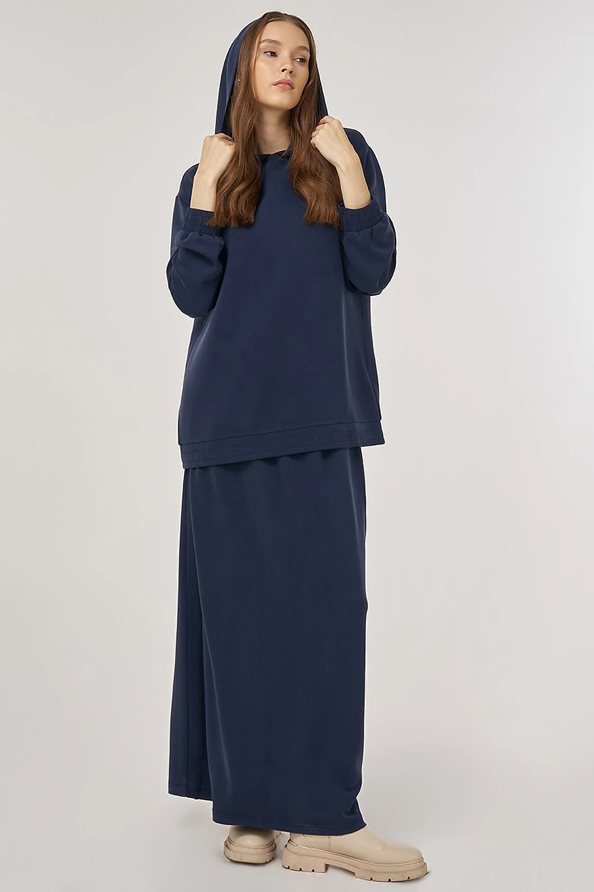 Hooded Skirted Two-Piece Suit in Navy Blue