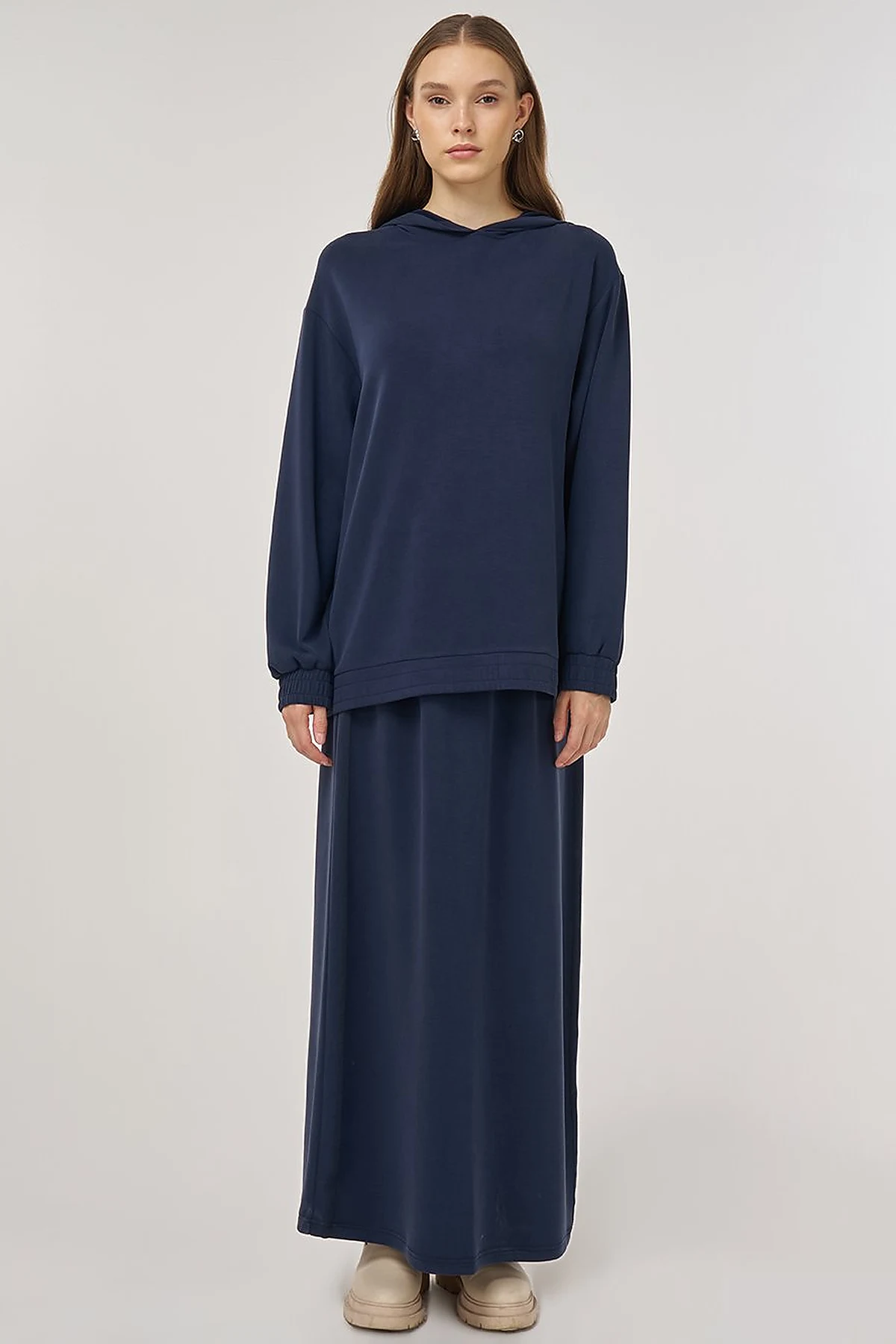 Hooded Skirted Two-Piece Suit in Navy Blue