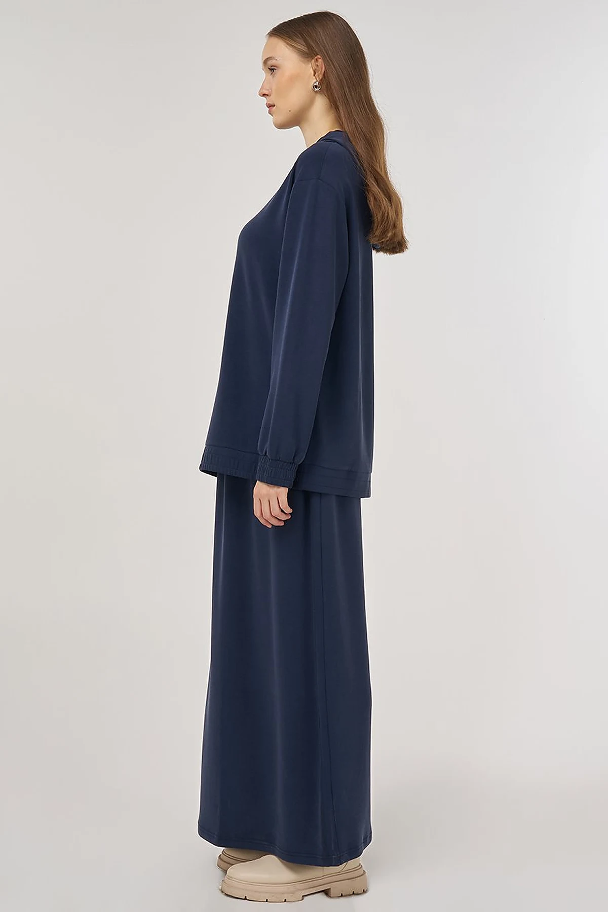 Hooded Skirted Two-Piece Suit in Navy Blue