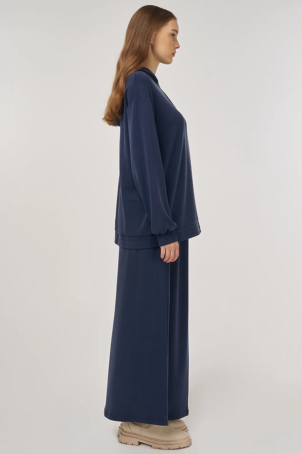 Hooded Skirted Two-Piece Suit in Navy Blue